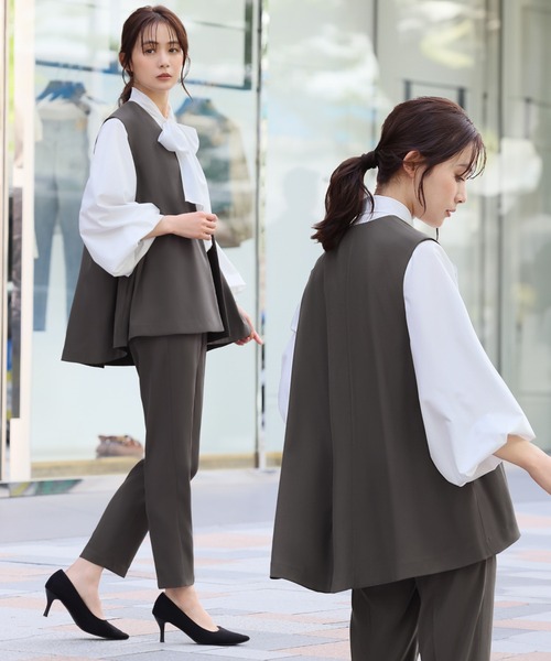 セール】【3点セット】Vネックジレ ボウタイブラウス テーパードパンツ