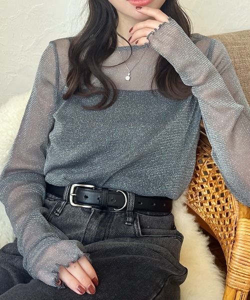 セール】フィンガーホールラメシアートップス（Tシャツ/カットソー