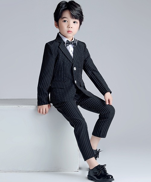 セール】キッズスーツ 長袖ストライプジャケット+長袖シャツ+パンツ+蝶
