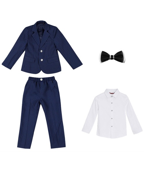 セール】キッズスーツ 長袖ストライプジャケット+長袖シャツ+パンツ+蝶