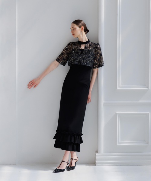 セール】【LEJA】フラワースパンコールチュールフリルIラインドレス