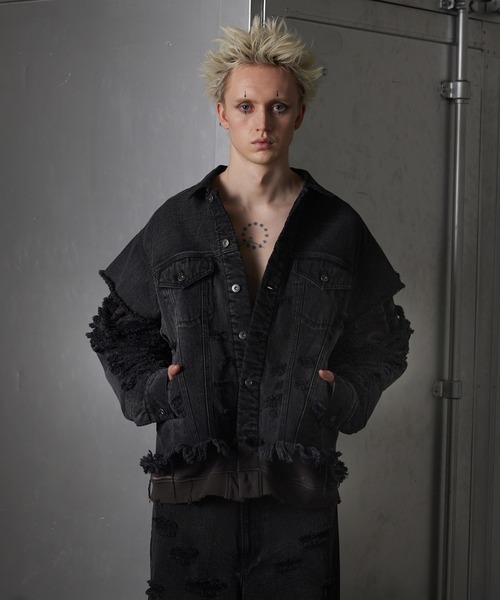GRANCY】Sweat Docking Design Damage Denim Jacket / スウェット
