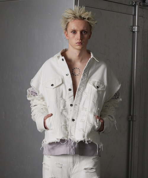 GRANCY】Sweat Docking Design Damage Denim Jacket / スウェット