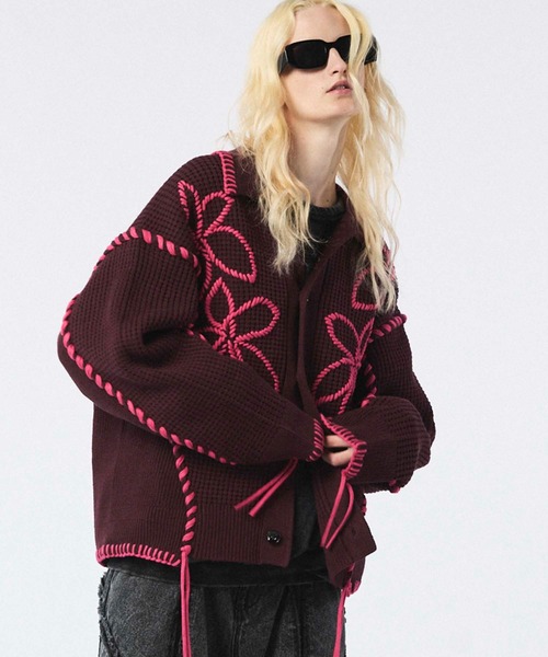 UNISEX》Oni-Waffle Flower Embroidery Prime-Over Collared Cardigan