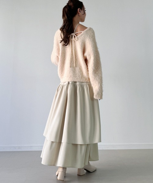 セール】バックリボンニット+ティアードフレアキャミワンピースset[高