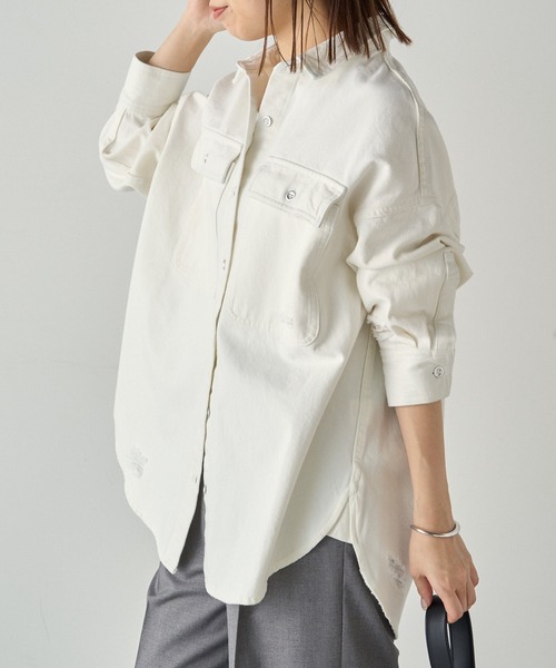 Loungedress】ダメージデニムシャツ ベージュ Sサイズ ダメージデニム