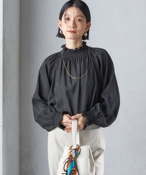 洗濯機可能〉シャーリング ネック 長袖 ブラウス（シャツ/ブラウス