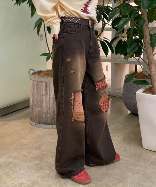 ドット×チェックダメージデニムパンツ（デニムパンツ）｜CIAOPANIC