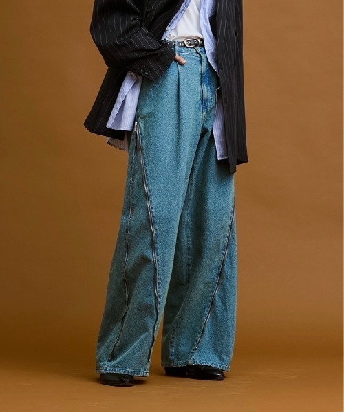 セール】3way side-zip buggy denim pants / 3wayサイドジップバギー