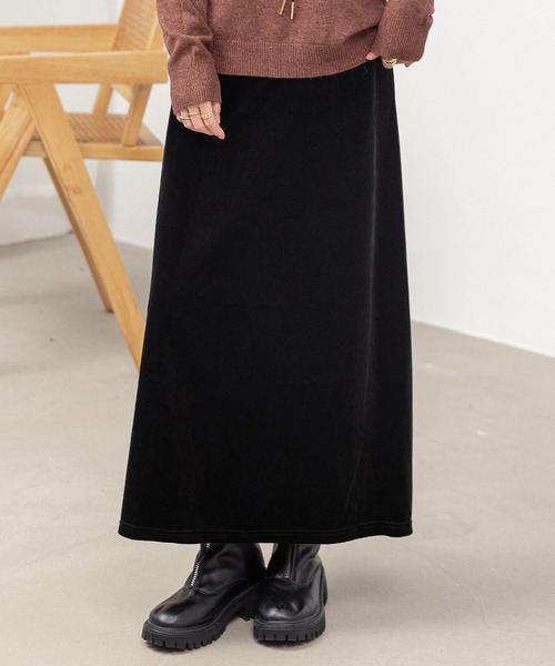 ロング丈/ゴム入り】艶やかな光沢で大人の華やぎ魅せ。Aライン ベロア