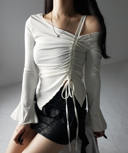 セール】【 2color 】シャーリングリボンスリットワンショルダー