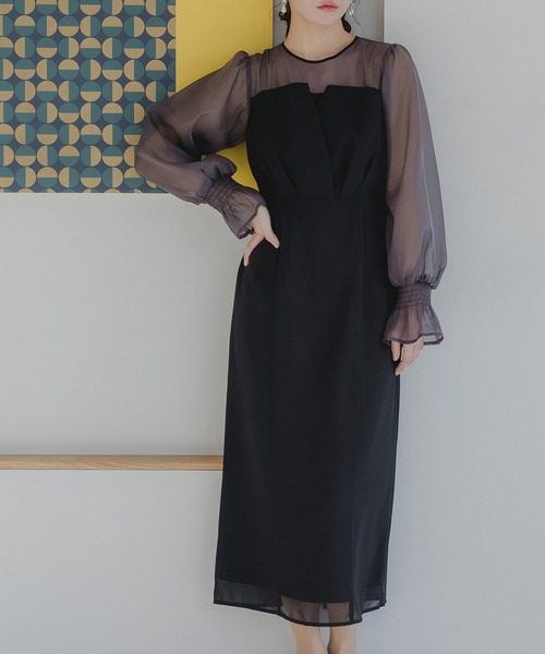 セール】epic day ボリュームスリーブシフォンロングワンピース