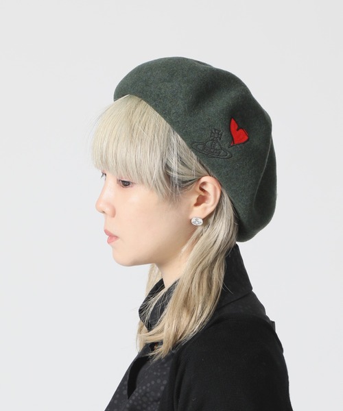 vivienne westwood ウール ベレー帽 オーブ ハート カーキ Vivienne