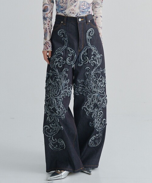 TAAKK/ターク】DENIM WIDE PANTS(刺繍)/ワイドデニムパンツ（デニム