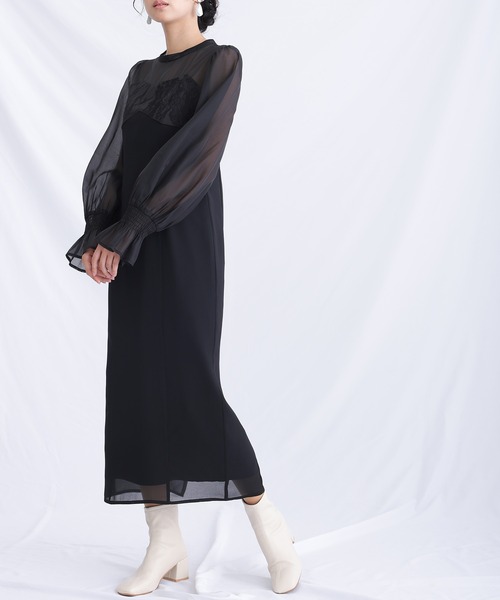 プチハイネック パーティードレス お呼ばれ袖あり&ミモレ丈結婚式