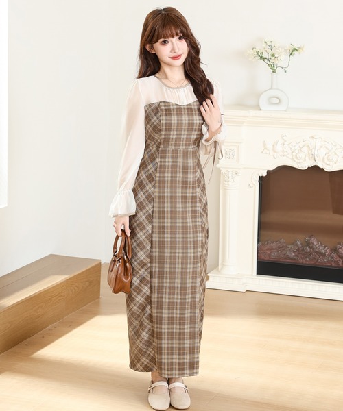 セール】配色 チェック柄 ドッキング ロング ワンピース（ワンピース