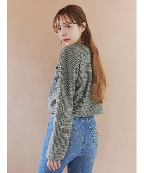 セール】＜木村りかこさんコラボ＞金ボタン千鳥格子ノーカラー