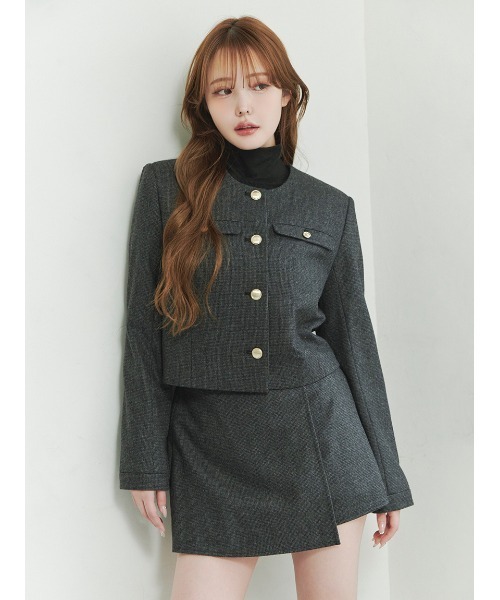 セール】＜木村りかこさんコラボ＞金ボタン千鳥格子ノーカラー