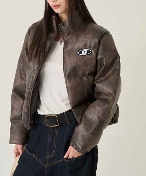 セール】【UNISEXS】Sロゴヴィンテージライクレザーブルゾン（ダウン