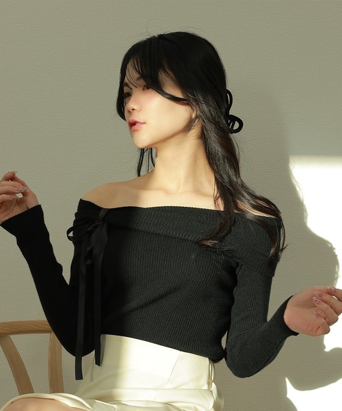 offshoulder ribbon lib tops/オフショルダーリボンリブトップス