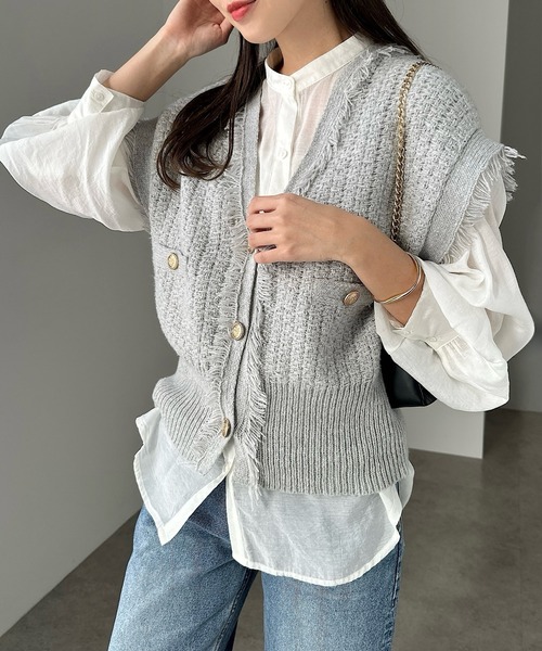 美品✨アルアバイル ツイード ベスト フリンジ Vネック エンブレム