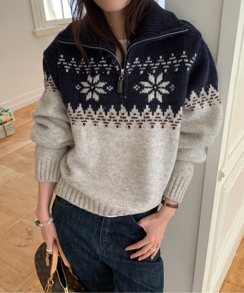 ノルディック柄ハーフZIPハイネックふんわりニット（ニット/セーター