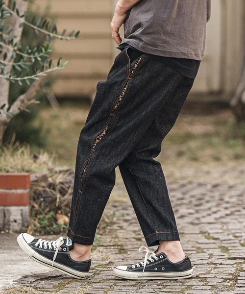 mp13619- レオパード柄サイドラインデニムテーパードパンツ（デニム