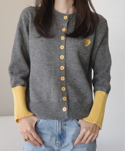 配色ボタン × ハート刺繍ニットカーデ（カーディガン/ボレロ）｜PIN