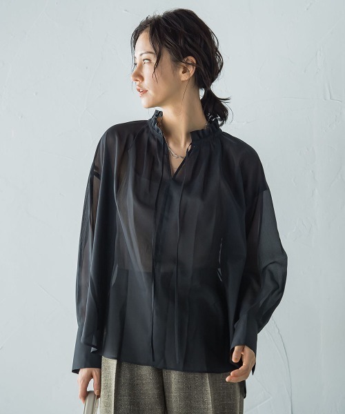 セール】後染めボイルシアーフリルブラウス≪洗濯機で洗える≫（シャツ