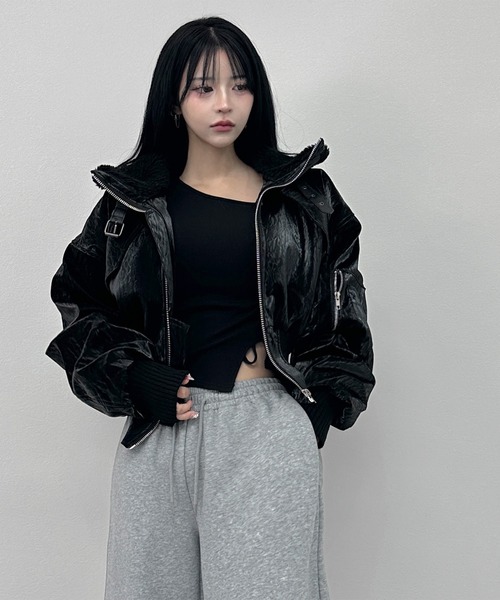 ボアカラーフェイクレザームートンショートジャケット（ライダース