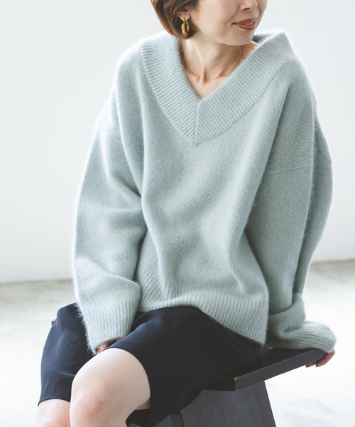 NOBLE YAKワイドVネックニット グレー Noble Vネックニット Noble V