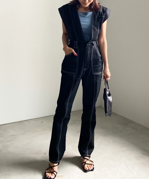 Ameri（アメリ）の「V NECK DENIM JUMPSUIT（つなぎ/オールインワン