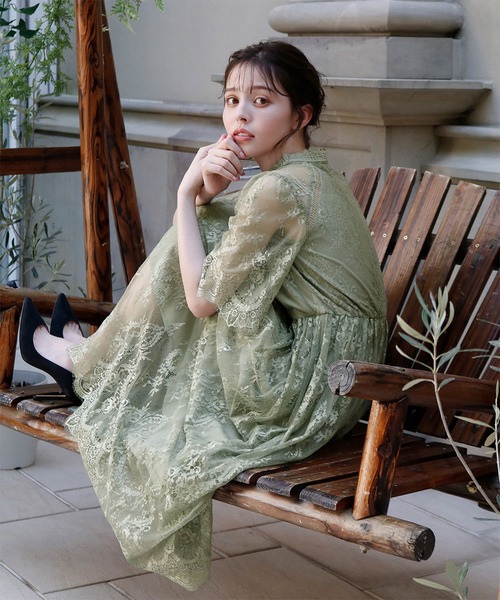 セール】ハイネック5分袖総レース フレア ロング 結婚式 ワンピース