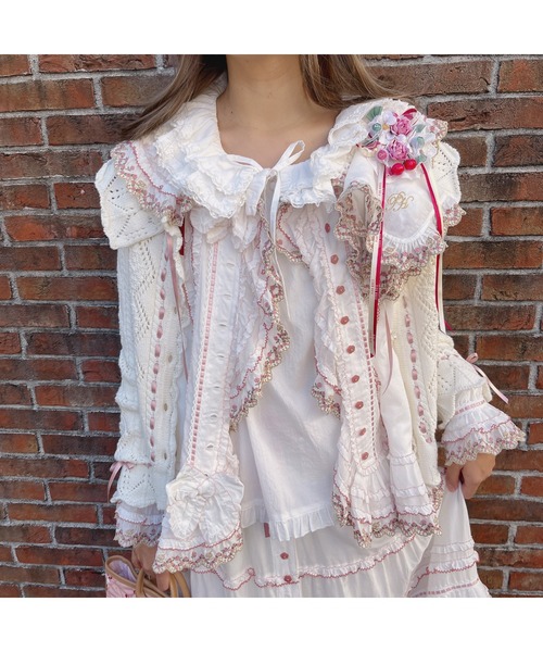 ピンクハウス＊薔薇刺繍コットンレース使いリボンブラウス♪草上のお茶