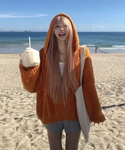 セール】ざっくり編みオレンジフーディーカーデ（ニット/セーター