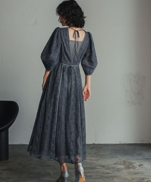 セール】パフスリーブ総レース フレア ロング 結婚式 ワンピース