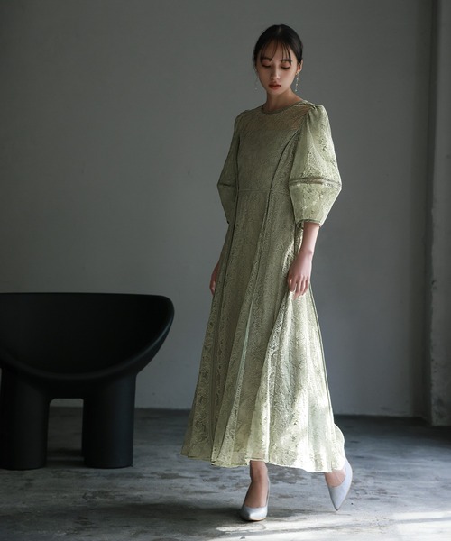 セール】パフスリーブ総レース フレア ロング 結婚式 ワンピース