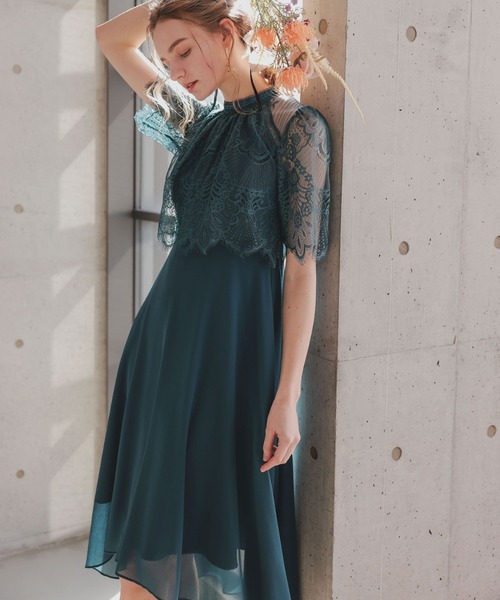 プチハイネックフレアレーススリーブフィッシュテールワンピース