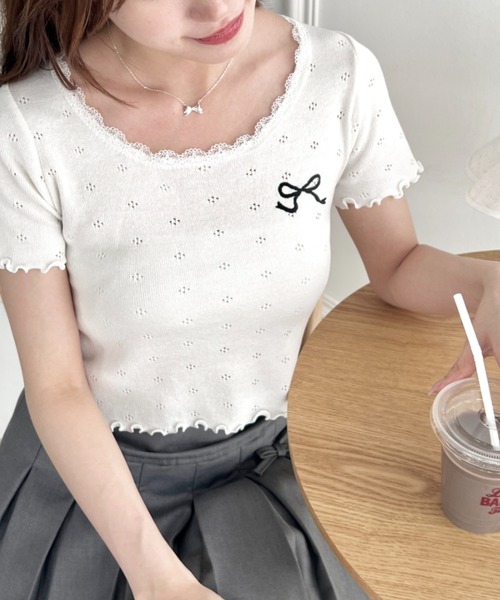 セール】リボン刺繍レーストリムトップス（Tシャツ/カットソー