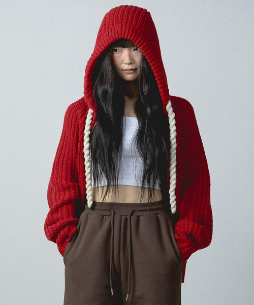 ROPE HOOD ZIP-UP KNIT RED（パーカー）｜YOUHEE（ユヒ）の