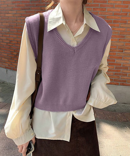 セール】☆ニュアンスカラー Vネックコンパクトゆるニットベスト