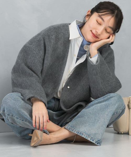 セール】モヘア混シャギーミドルジャケット（ノーカラージャケット