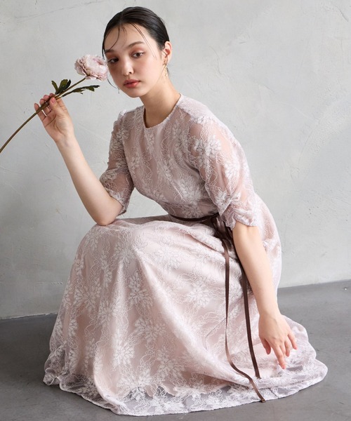 サテンリボンラメレース袖付きミモレパーティードレス 結婚式 お呼ばれ