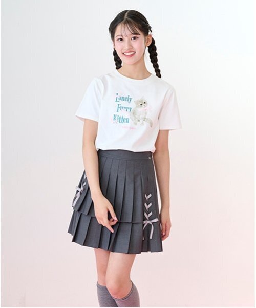 セール】【ニコ☆プチ掲載】レースアップリボン2段プリーツスカパン