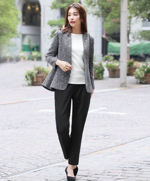 セール】ツイードカラーレスジャケット テーパードパンツ セットアップ