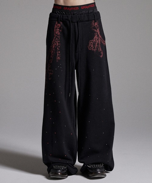 GRANCY】Rhinestone Design Layered Sweatpants / ラインストーン