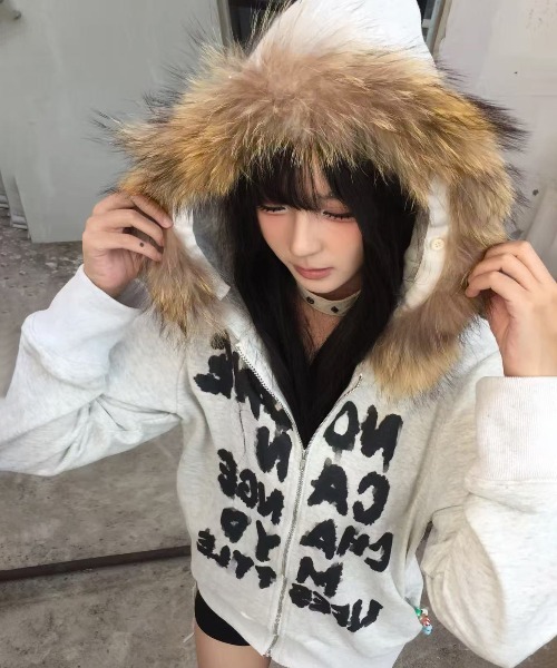 秋冬新作】ファー付きフードゆったりスウェットパーカー Y2K（パーカー