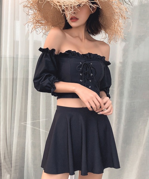 セール】水着レディース オフショルダー2WAYバックフリルビキニ+