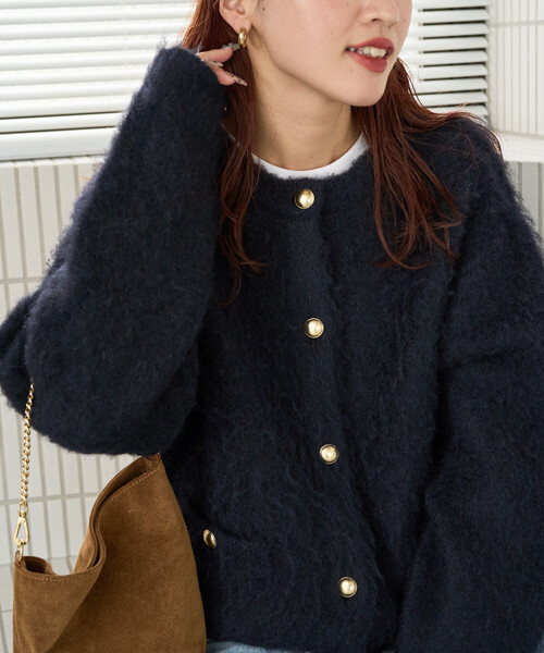 セール】限定展開 ミックスシャギー 金ボタン ニット カーディガン