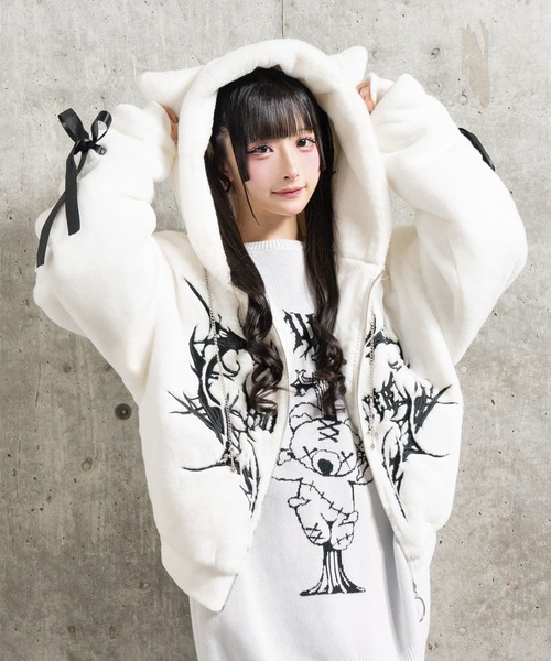 セール】ネコ耳ハートロゴ刺繍ZIPショートファーコート（その他